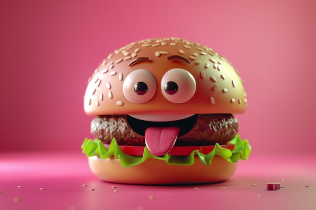 Photo d illustration of a pink hamburger character with playful expression and sesame seed bun