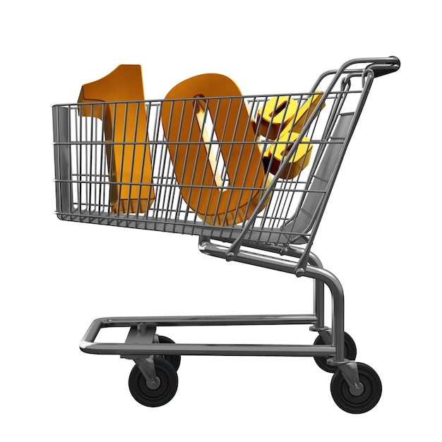 D illustration of shopping cart with  pocent discount in gold isolated