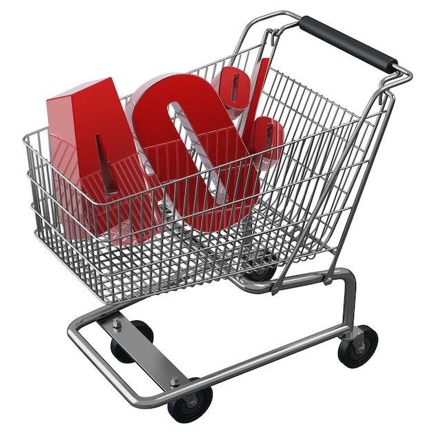 D illustration of shopping cart with  pocent discount in red isolated