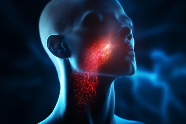 D image of human head with luminous throat and nasopharynx network muscle activity and flashes on