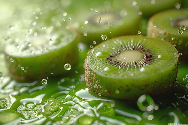 d realistic peeled tropical kiwi in splashes of juice