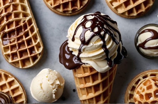 D realistic vanilla ice cream glazed with chocolate in a waffle cone