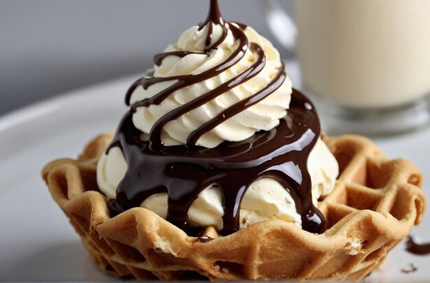 D realistic vanilla ice cream glazed with chocolate in a waffle cone