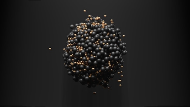 D render black and gold geometric balls hit each other with a magnet in a pile in the form of a ball