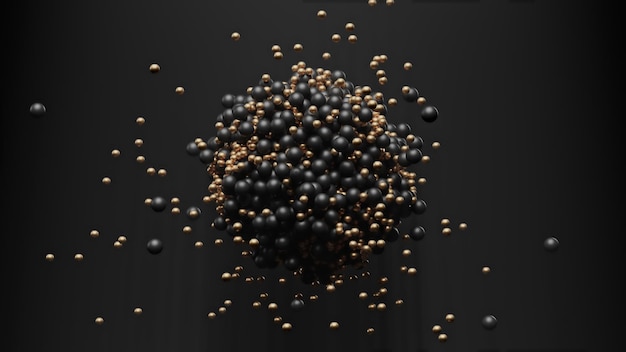 D render black and gold geometric balls hit each other with a magnet in a pile in the form of a ball