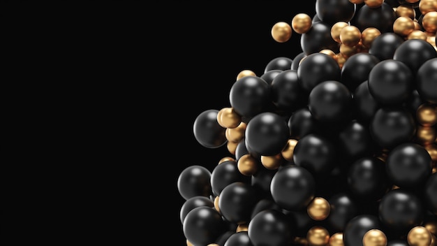 D render black and gold geometric balls hit each other with a magnet in a pile in the form of a ball