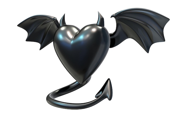 D render of black latex heart shape with devil wings