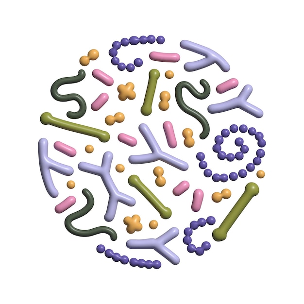 D render concept of probiotics in round shape bifidobacterium lactobacillus streptococcus thermophil