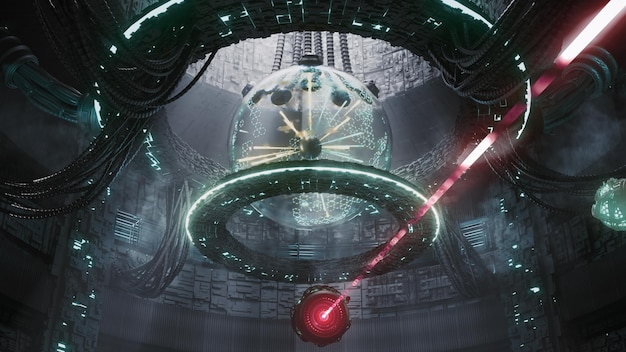 D render futuristic energy pulsating ball in a round hall with wires and flying drones with lasers