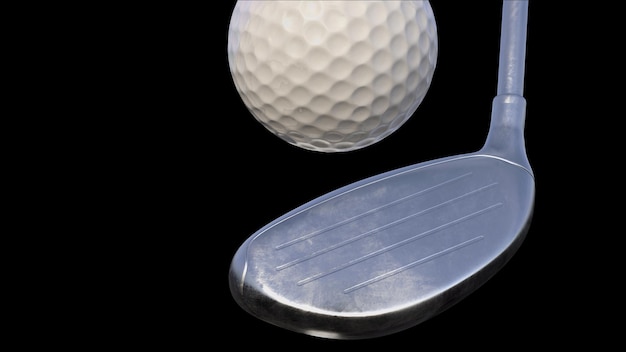 D render golf putter and golf ball on a rack on a black background