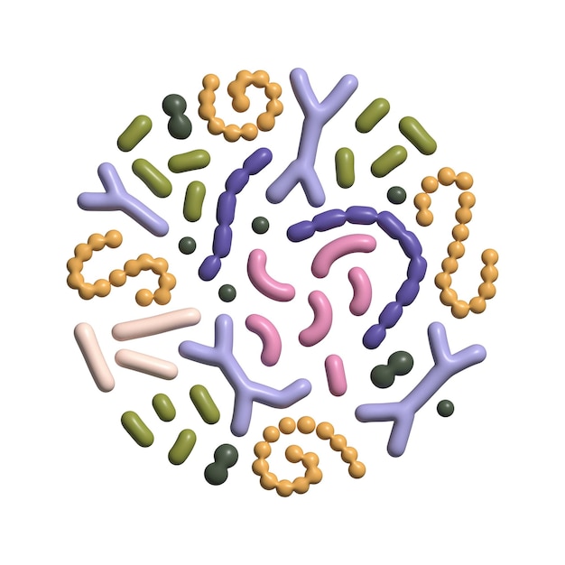 Photo d render mocrobione in round shape concept bifidobacterium lactobacillus streptococcus thermophilus