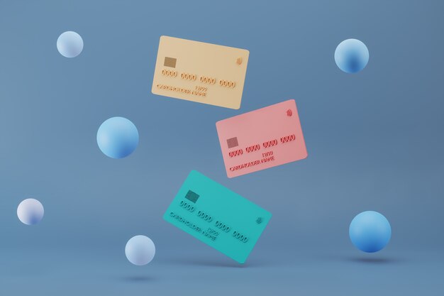 D render of realistic plastic credit cards on blue background