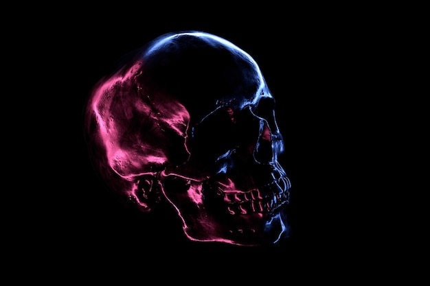 D render of shiny metallic skull with neon reflection in the dark