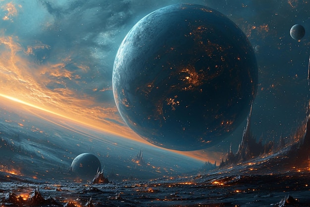 d render of a space background with abstract planets and nebula