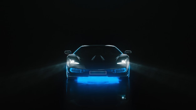 D render sports car with neon lights goes to the camera on a black background