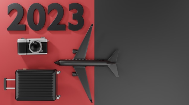 Photo d rendering 2023 traveling concept suitcase camera airplane on black and red background