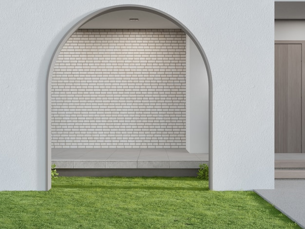 d rendering of arch gate on green grass lawn in modern home