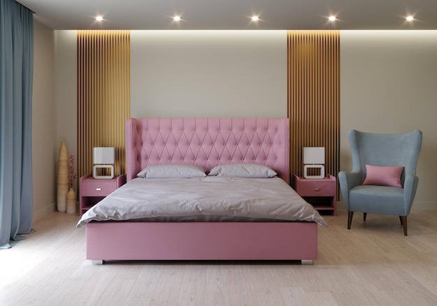 D rendering of a bedroom in cozy colors bright room design catalog interior