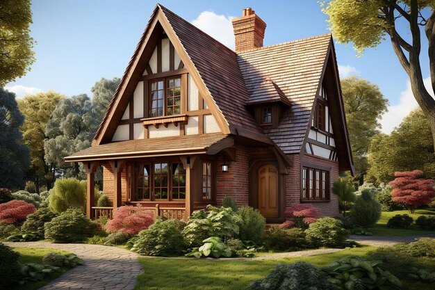 d rendering of an elegant wooden house with brick chimney