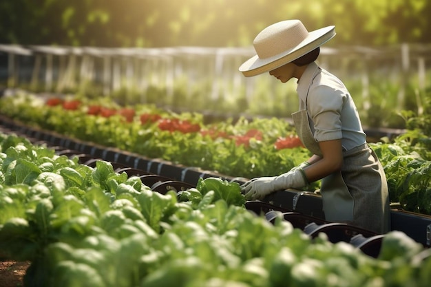 d rendering humanoid robot working in the vegetable garden