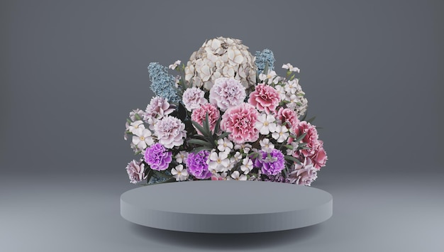 Photo d rendering multi flower background colors with geometric shape podium for product display minimal c...