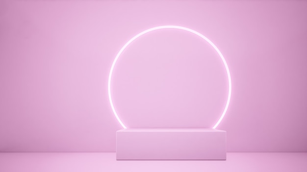 d rendering pink Podium  and lighting line pink background. minimalist concept