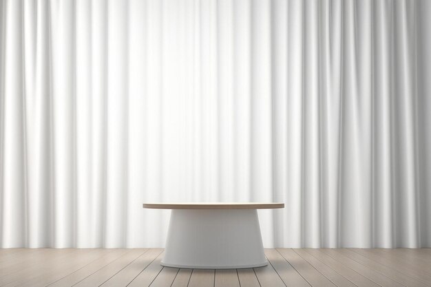 d rendering of a round podium in a studio with white curtains