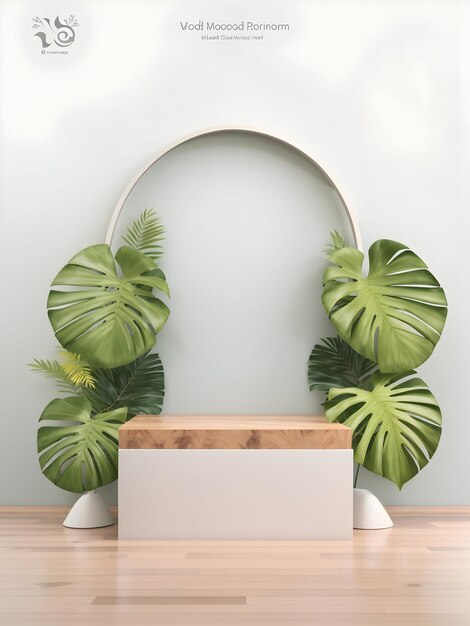 D Rendering of a Wood Podium Mockup for Product Presentation Adorned with Monstera Leaves