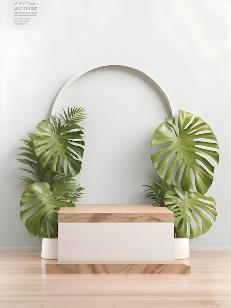 D Rendering of a Wood Podium Mockup for Product Presentation Adorned with Monstera Leaves