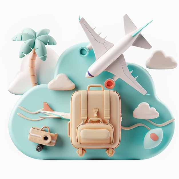 D Travel Icon Concept with Luggage on Cloud