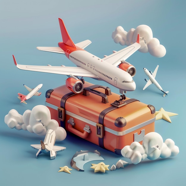 D Travel Icon Toy Airplane Flying Over Suitcase Image Concept