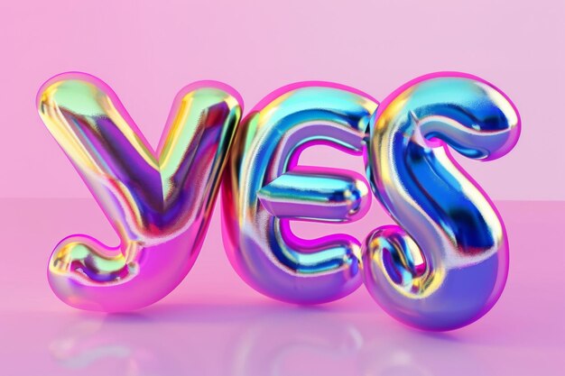 D yes text in vibrant gradient glass on a pink background shiny reflective typography perfect for