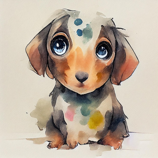 Dachshund. Adorable puppy dog. Watercolor illustration with color spots. All dog breeds