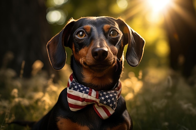 dachshund American flag around the neck sunny weather in nature