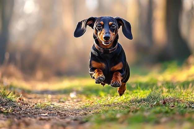 Photo dachshund or badger dog as shortlegged and longbodied hound breed with collar sitting