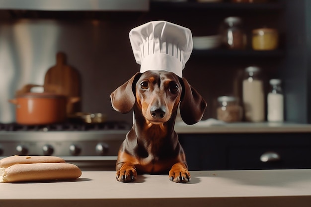 Dachshund in a chef hat sits on a kitchen counter.