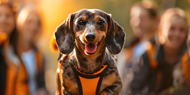 A dachshund in costume happily parading among smiling onlookers at a pet event Concept Pets in Costumes Community Events Dachshund Parade Smiling Faces Fall Festivities