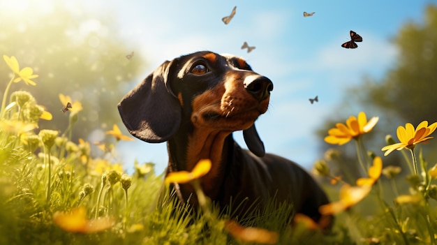 Dachshund dog hunts for butterflies flying