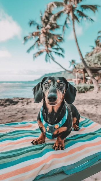 Dachshund dog is on summer vacation at seaside resort and relaxing rest on summer beach of hawi