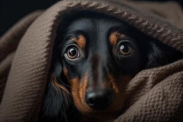 Dachshund dog nose emerging from blanket illustration generative ai