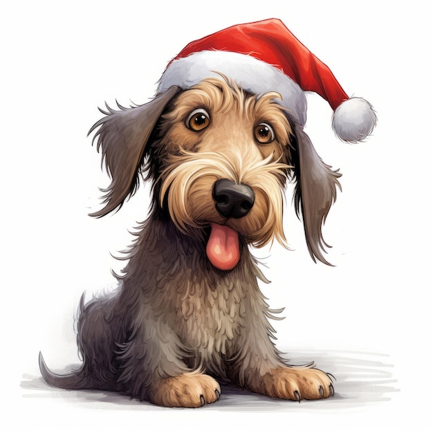 Dachshund dog in red christmas hat with tongue sticking out