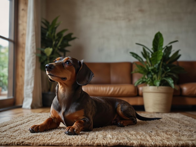 a dachshund dog sits on a rug in front of a plant