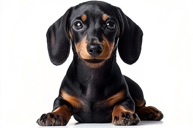 Dachshund dog sitting and smiling isolated on white background