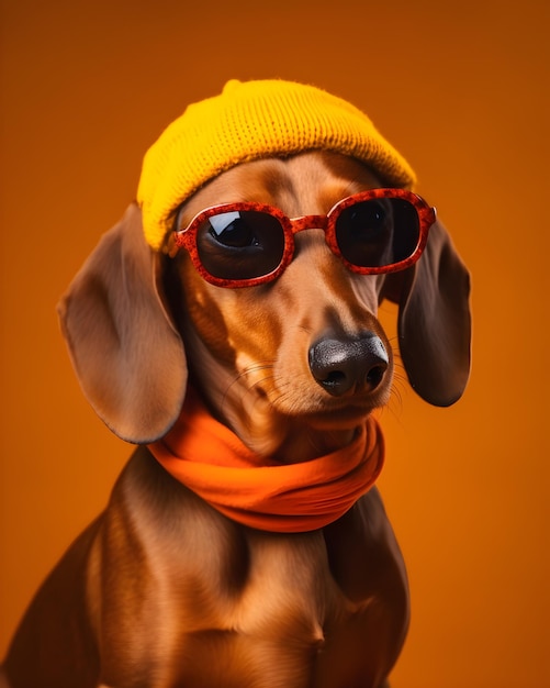 Dachshund dog wearing a yellow hat and sunglasses