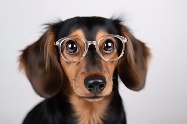 Dachshund dog with glasses on a white background