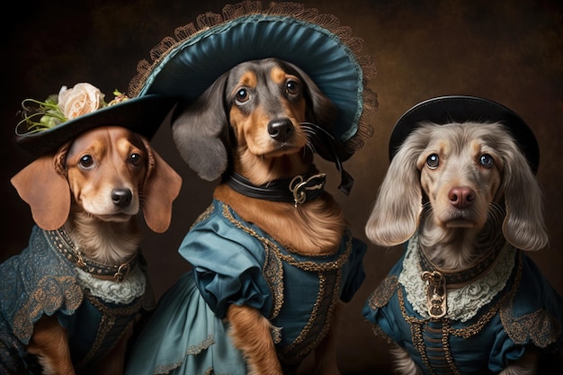 Dachshund dogs animals dressed in victorian era clothing illustration generative ai