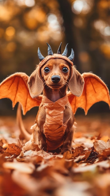 Photo a dachshund in a dragon costume poses proudly among colorful autumn foliage