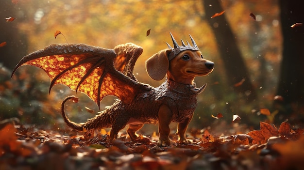 Photo a dachshund in a dragon outfit stands tall among colorful fallen leaves in autumn