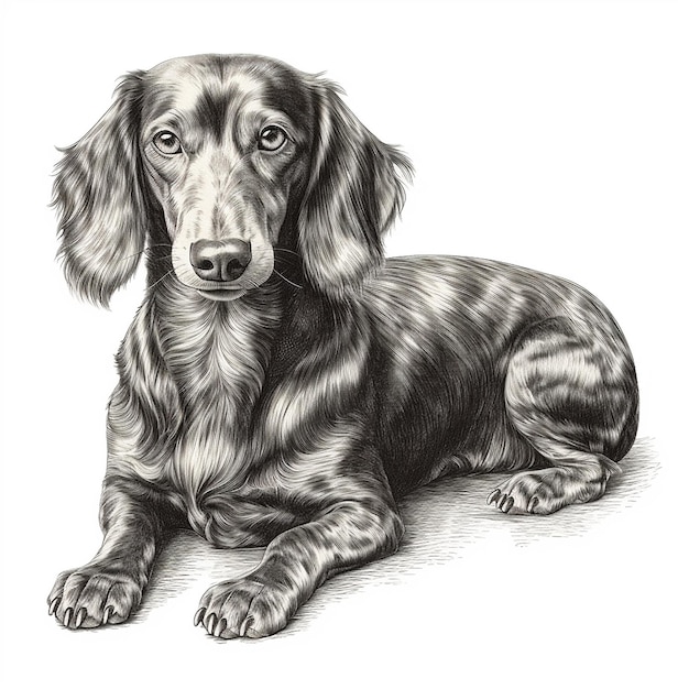 Dachshund engraving style closeup portrait black and white drawing cute dog