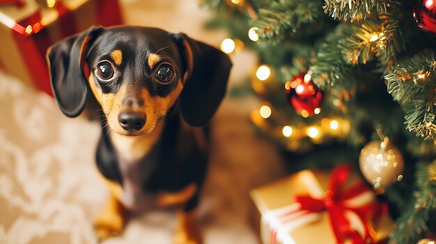 Dachshund in front of a Christmas tree surrounded by decorations and presents